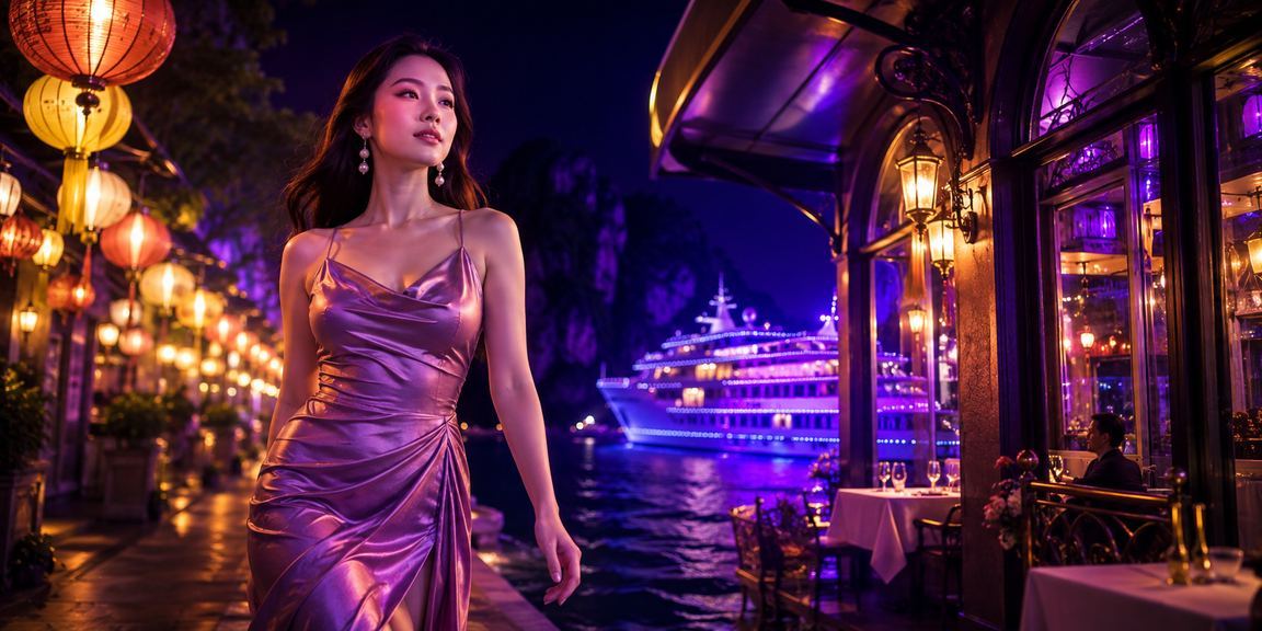 Người dùng VIP thưởng thức cà phê cạnh vịnh Hạ Long và kiểm tra bonus trên điện thoại