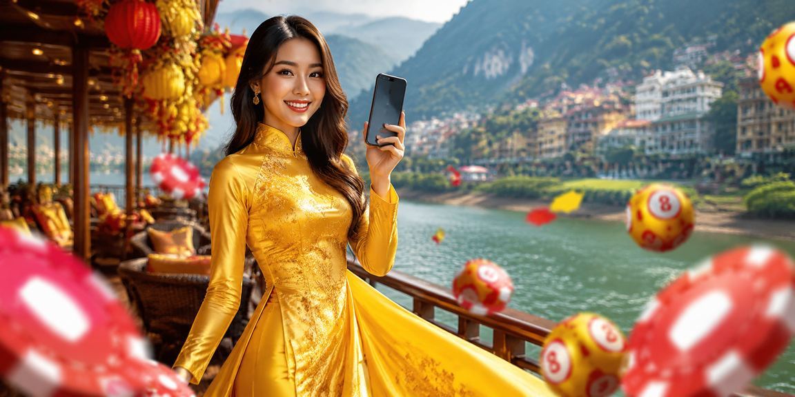 Người dùng Sapa trong trang phục áo dài trải nghiệm xổ số và lottery trực tuyến